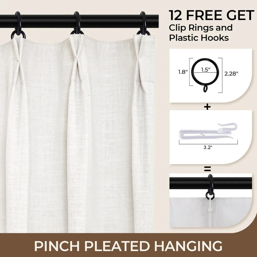 100% Blackout Pinch Pleated Linen Curtains, 96 Inch Length, Beige White (2 Panels)