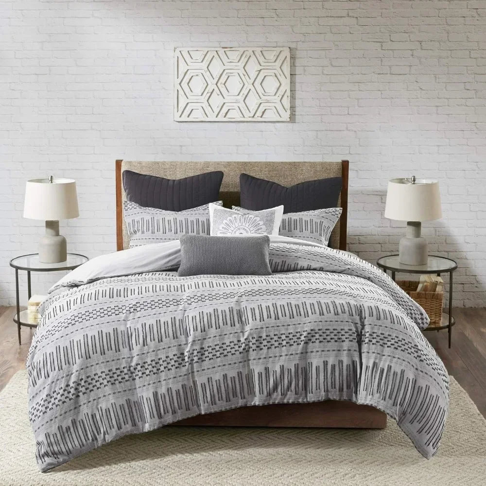 Cotton Bedding Set Geometric Design, King/Cal King, Jacquard Grey/Black