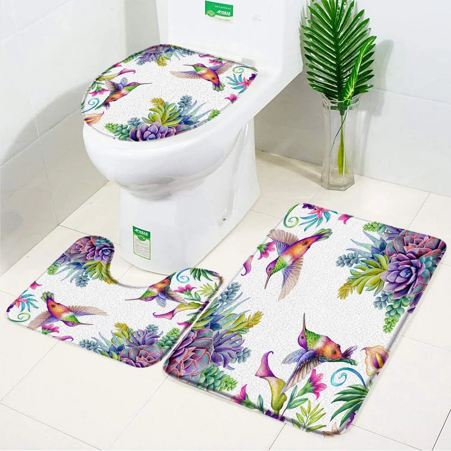 3-Piece Orchid Bath Mat Set – Elegant Purple & White Bathroom Accessories