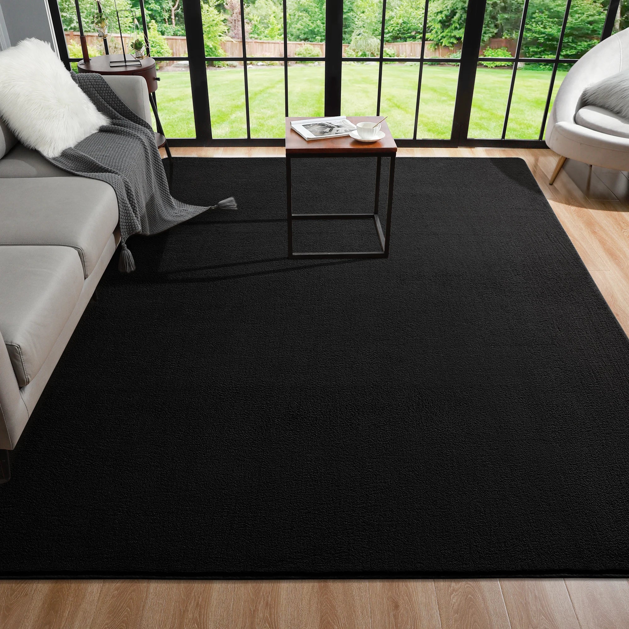 Black Rectangular Nonslip Rug for Living Room, Bedroom & Kids' Play Area