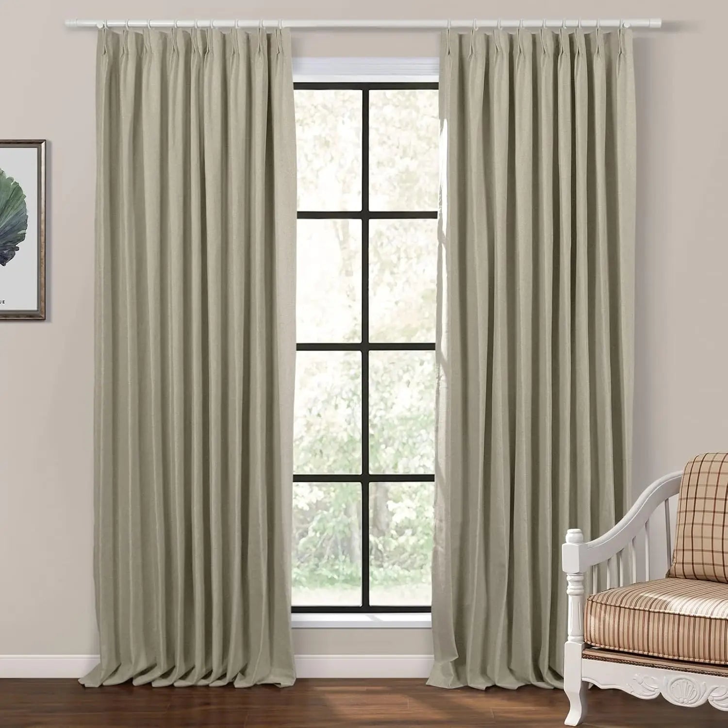 Blackout Linen Textured Pinch Pleated Drape 96" Long - Thermal Insulated Room Darkening Curtain for Bedroom