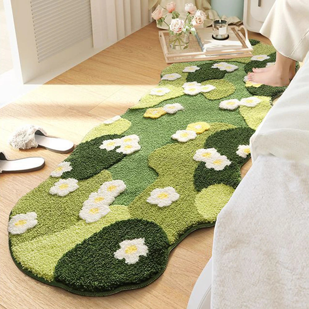 Green Forest Irregular Flocked Plush Bedroom Rug – Moss Green Carpet