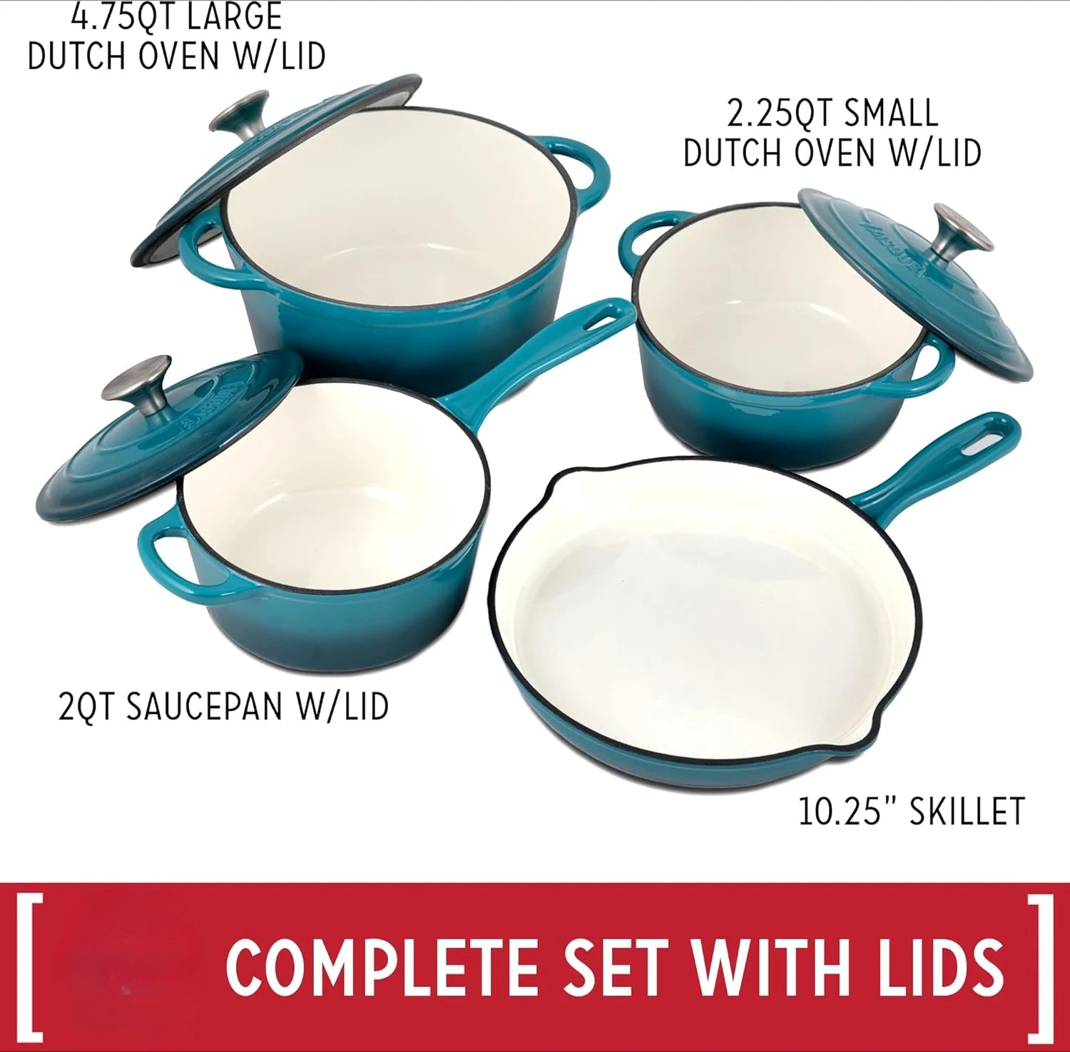 Enameled Cast Iron Cookware Set, 7-Piece (Biscay Blue), Nonstick, Oven Safe