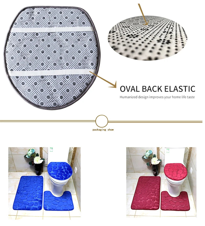 Set of 3 Bathroom Bath Mat Set Soft Non Slip 2PCS Cobblestone Mat Bathroom Rug Absorbent Shower Carpets Toilet Lid Cover Floor