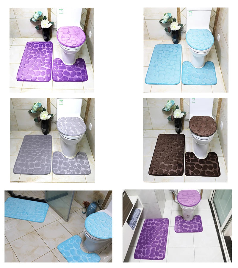 Set of 3 Bathroom Bath Mat Set Soft Non Slip 2PCS Cobblestone Mat Bathroom Rug Absorbent Shower Carpets Toilet Lid Cover Floor