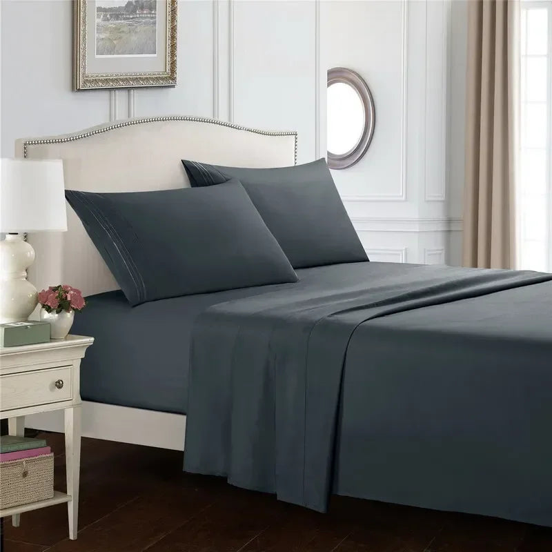 Embroidery Brushed 3/4 Pieces Bed Set Flat Sheet Fitted Sheet Pillowcase Bedding Set