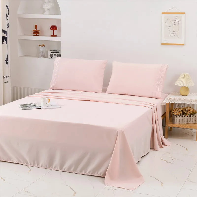 Embroidery Brushed 3/4 Pieces Bed Set Flat Sheet Fitted Sheet Pillowcase Bedding Set