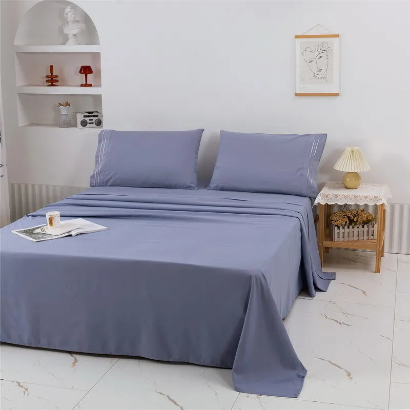 Embroidery Brushed 3/4 Pieces Bed Set Flat Sheet Fitted Sheet Pillowcase Bedding Set