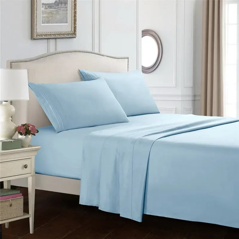 Embroidery Brushed 3/4 Pieces Bed Set Flat Sheet Fitted Sheet Pillowcase Bedding Set