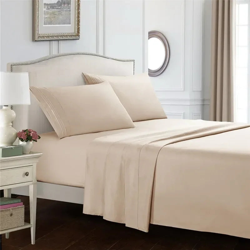 Embroidery Brushed 3/4 Pieces Bed Set Flat Sheet Fitted Sheet Pillowcase Bedding Set