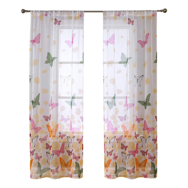 2 Panel Butterfly Pattern Gauze Curtains - Fresh Floral Semi-Sheer Rod Pocket Drapes (100x200cm)
