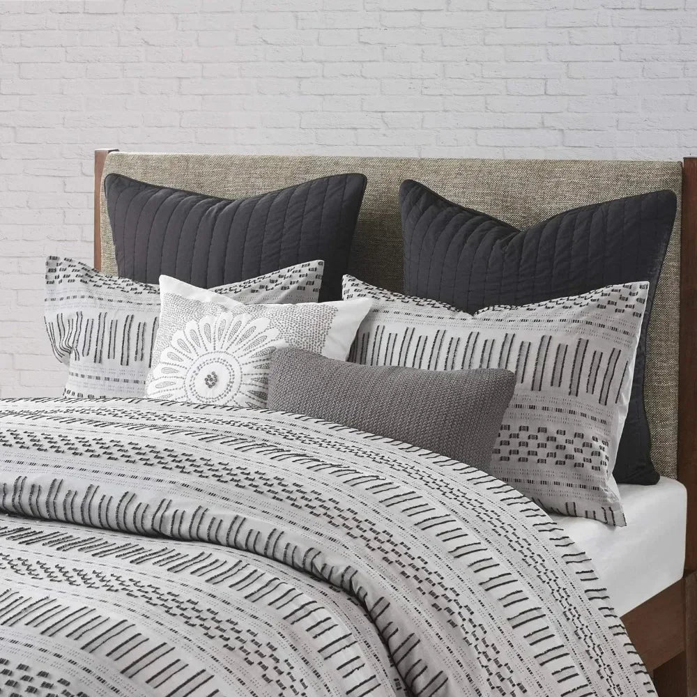 Cotton Bedding Set Geometric Design, King/Cal King, Jacquard Grey/Black