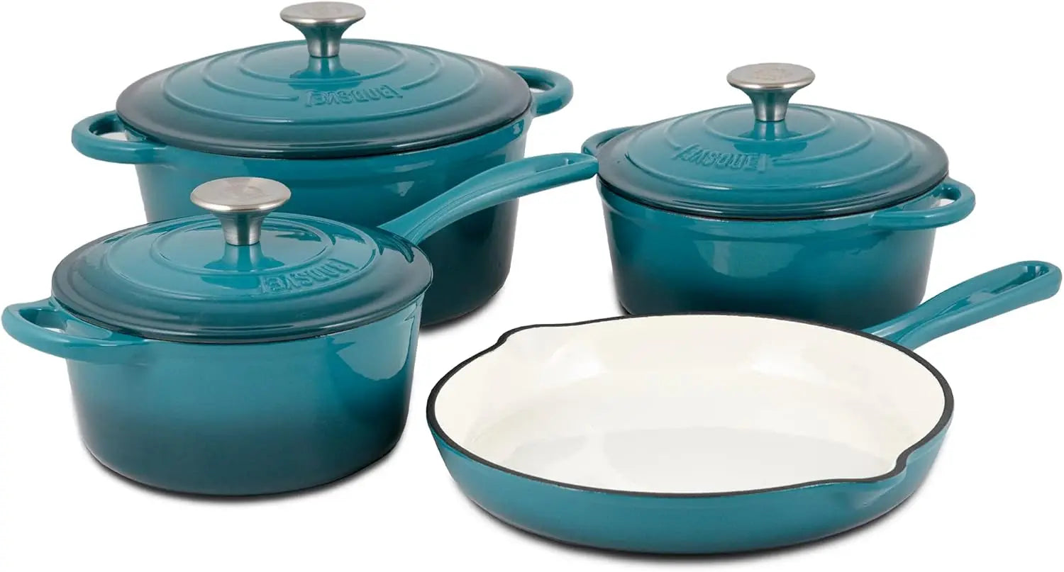 Enameled Cast Iron Cookware Set, 7-Piece (Biscay Blue), Nonstick, Oven Safe