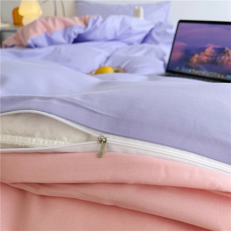 100% Washed Cotton Duvet Cover Queen King 3 Pieces Solid Color Bedding Set,