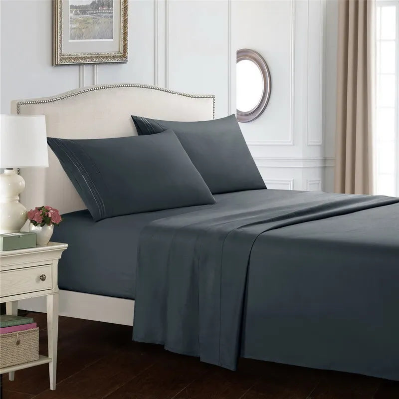 Embroidery Brushed 3/4 Pieces Bed Set Flat Sheet Fitted Sheet Pillowcase Bedding Set