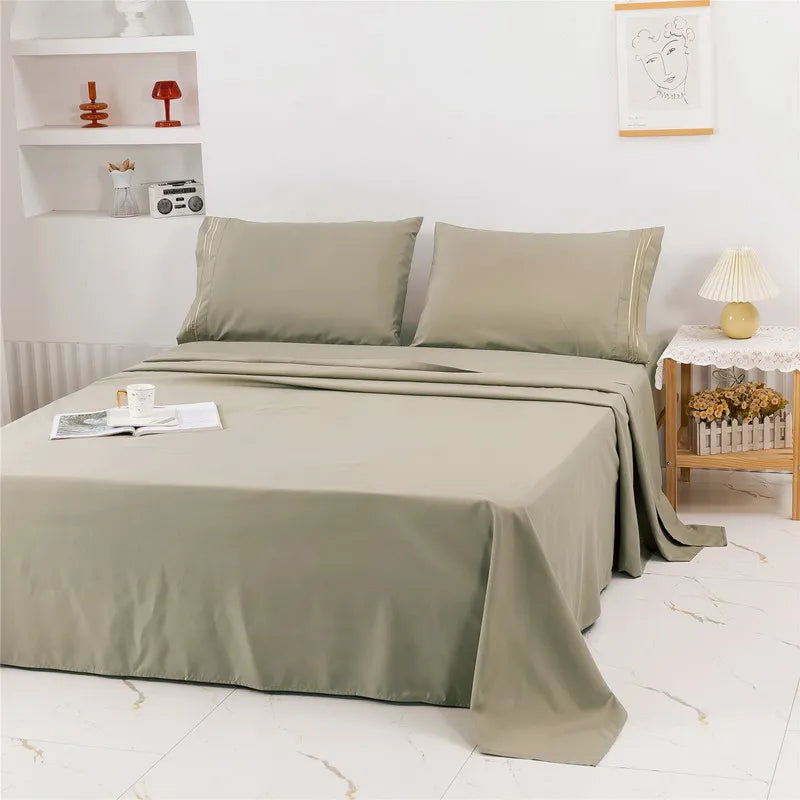 Embroidery Brushed 3/4 Pieces Bed Set Flat Sheet Fitted Sheet Pillowcase Bedding Set