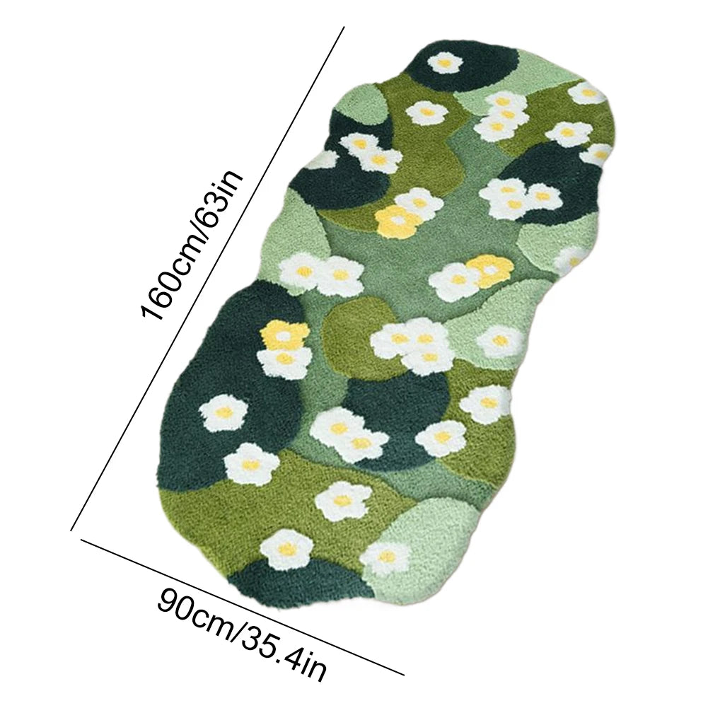 Green Forest Irregular Flocked Plush Bedroom Rug – Moss Green Carpet