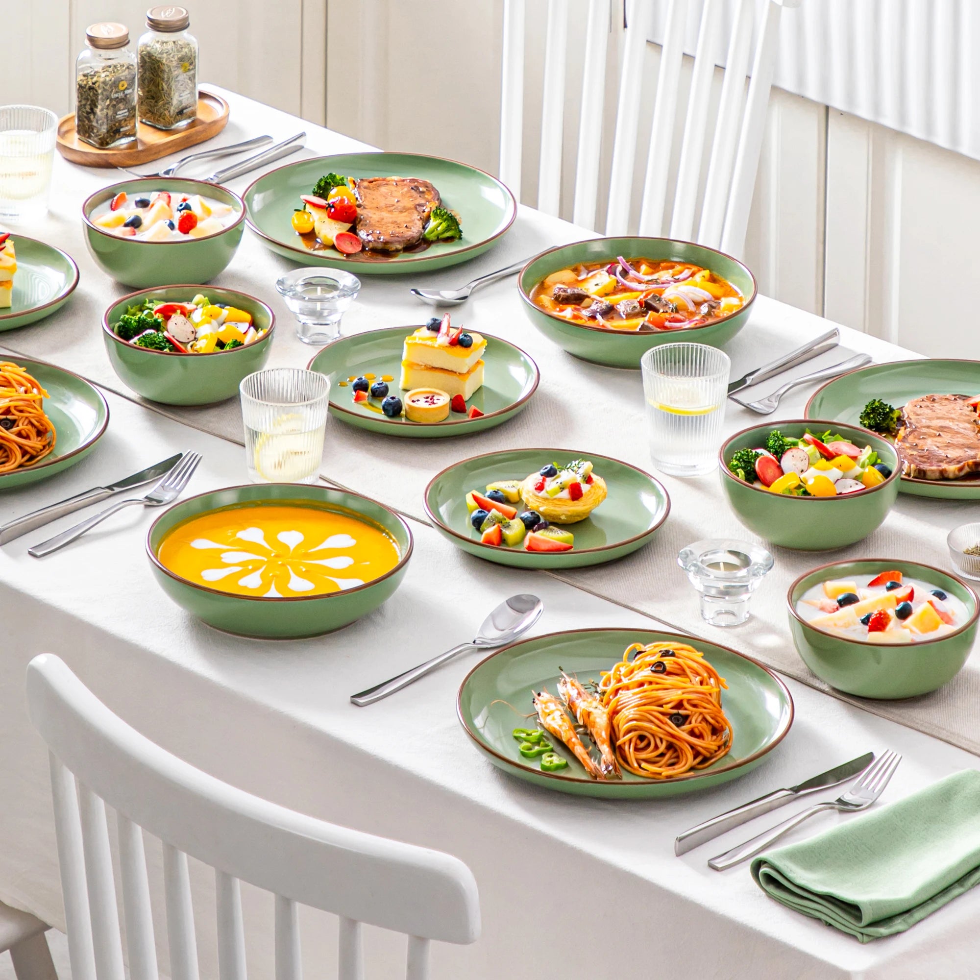 VANCASSO NYMPH 16/32 Pcs Ceramic Tableware Set - Forest Solid Color for 4/8 People