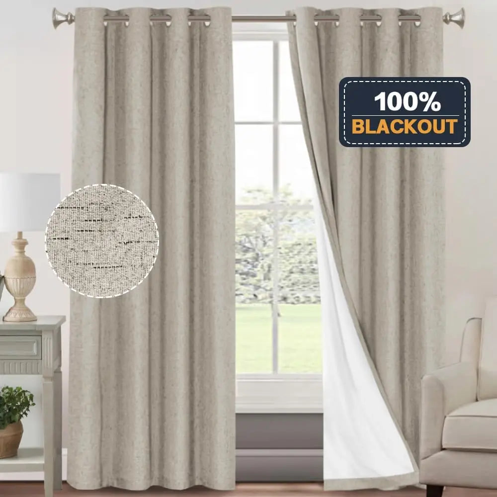 Primitive Textured Linen 100% Blackout Curtains with Thermal Insulated Liner