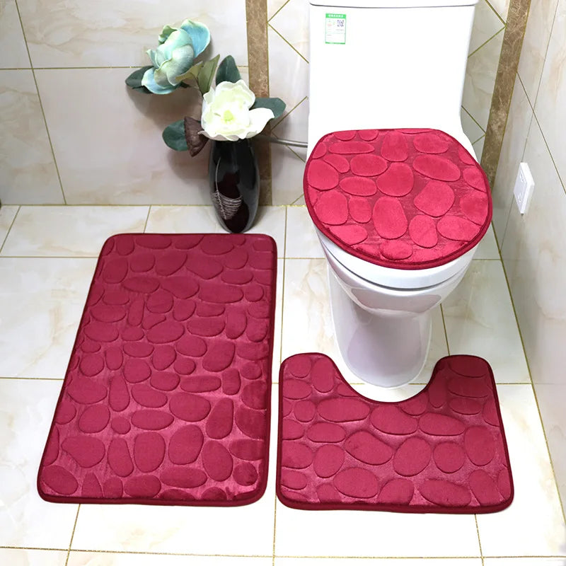 Set of 3 Bathroom Bath Mat Set Soft Non Slip 2PCS Cobblestone Mat Bathroom Rug Absorbent Shower Carpets Toilet Lid Cover Floor