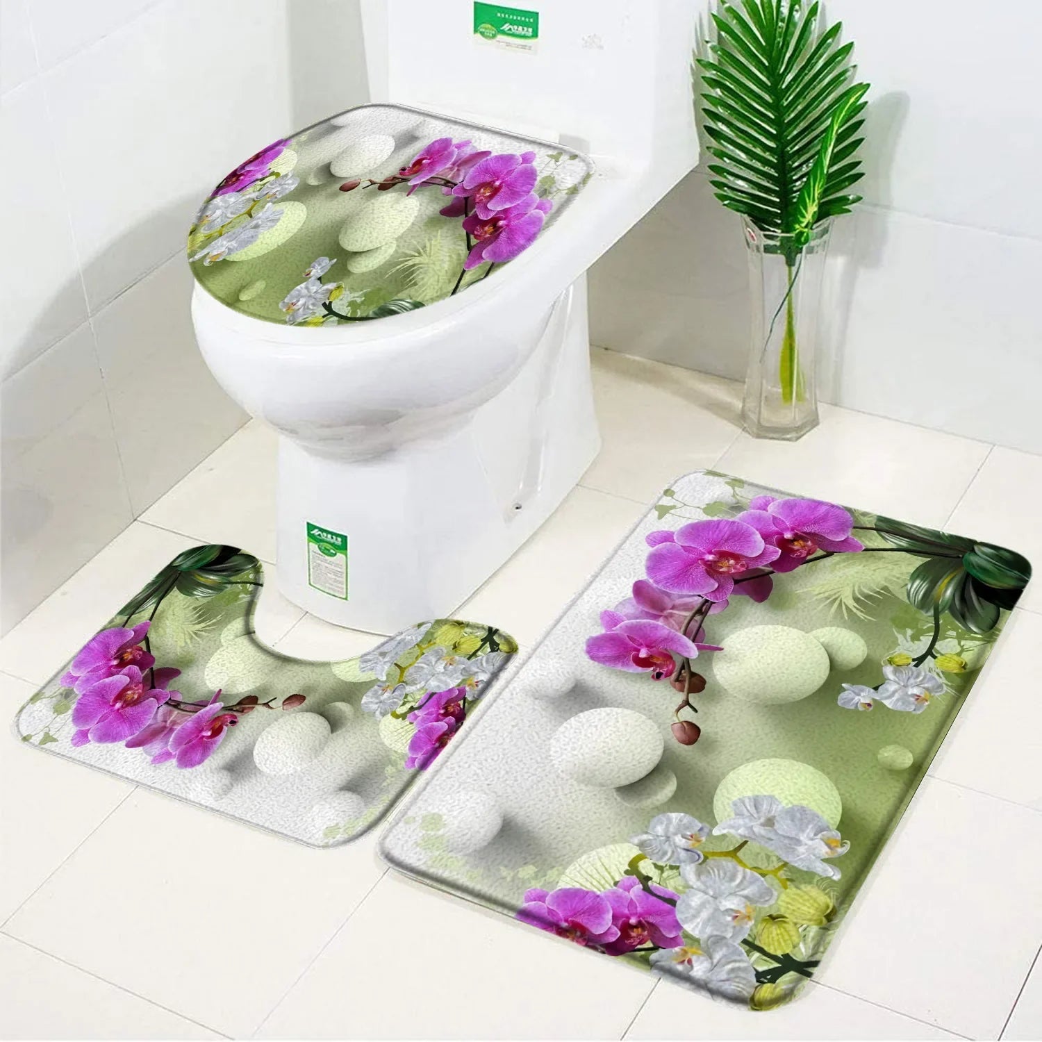 3-Piece Orchid Bath Mat Set – Elegant Purple & White Bathroom Accessories