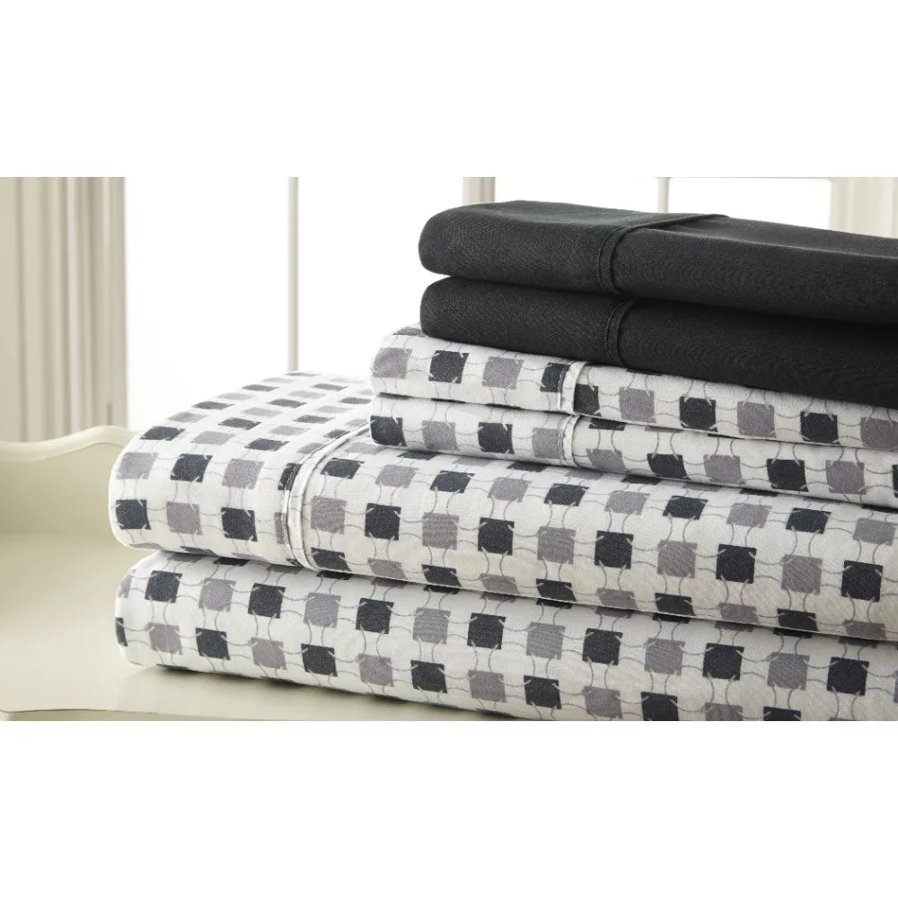 Mattress Cover Microfiber Sheet Set - Twin Black Grey Squares Bedspread