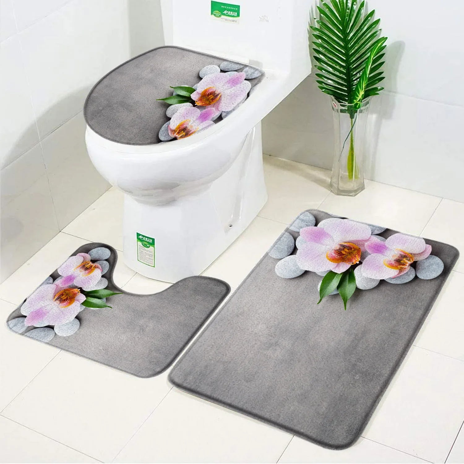 3-Piece Orchid Bath Mat Set – Elegant Purple & White Bathroom Accessories