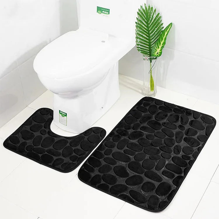 Set of 3 Bathroom Bath Mat Set Soft Non Slip 2PCS Cobblestone Mat Bathroom Rug Absorbent Shower Carpets Toilet Lid Cover Floor