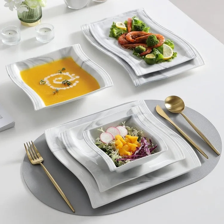 60-Piece Marble Porcelain Dinnerware Set for 12, Square Plates, Bowls, Cups & Saucers