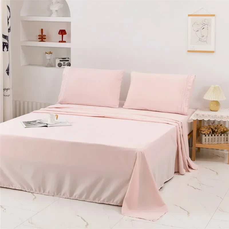 Embroidery Brushed 3/4 Pieces Bed Set Flat Sheet Fitted Sheet Pillowcase Bedding Set