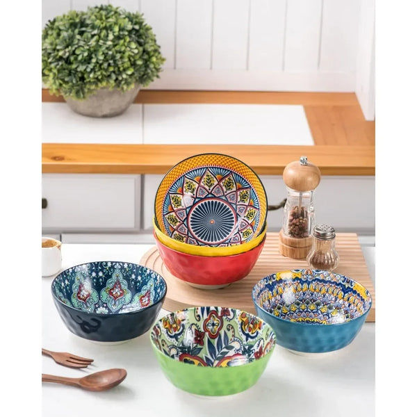 Ceramic Cereal & Salad Plates Set of 6, Colorful Porcelain Soup Bowls - 25 Oz
