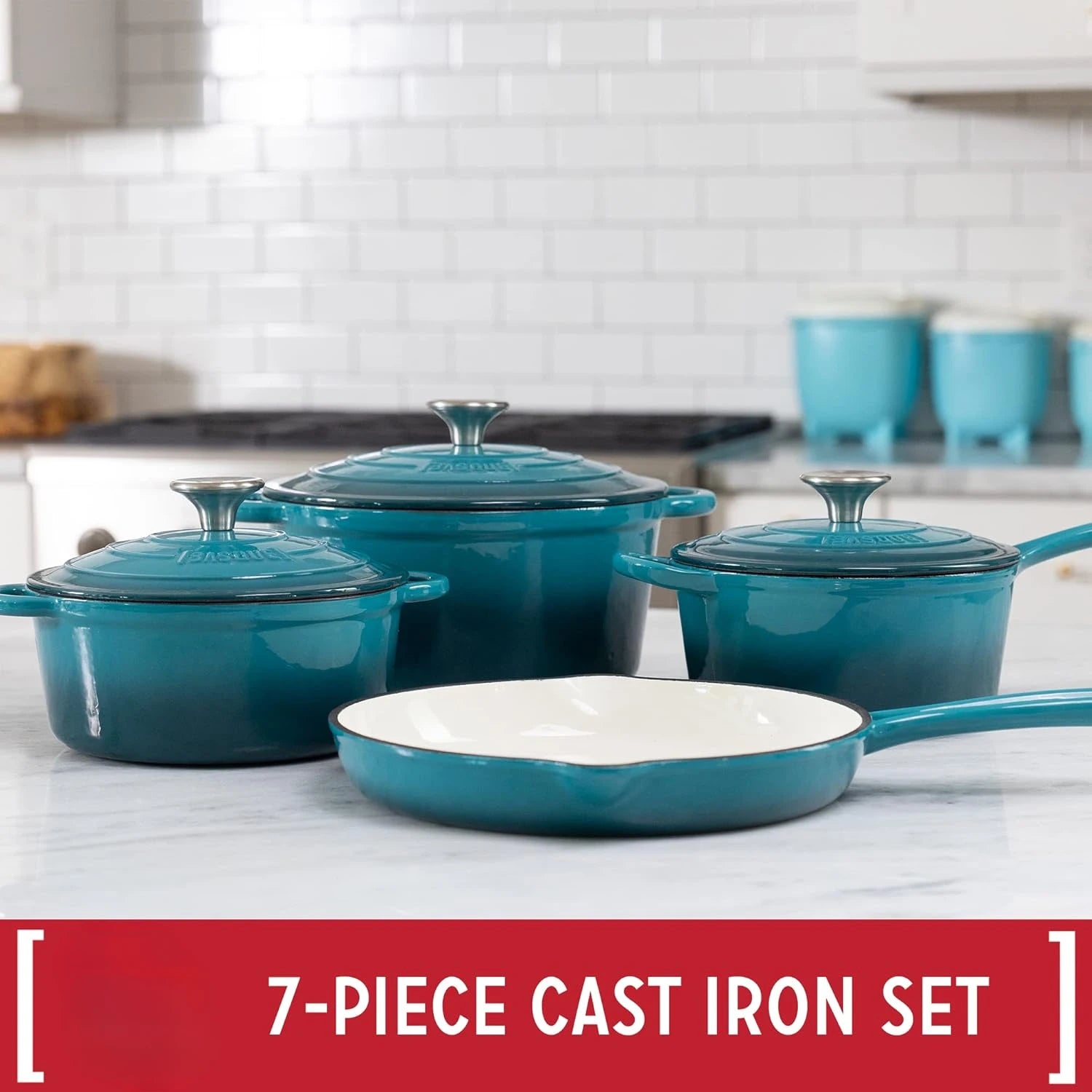 Enameled Cast Iron Cookware Set, 7-Piece (Biscay Blue), Nonstick, Oven Safe