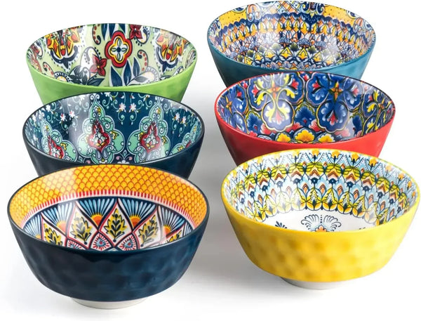 Ceramic Cereal & Soup Bowl Set of 6 - 25 Oz Colorful Porcelain Serving Plates for Dinner
