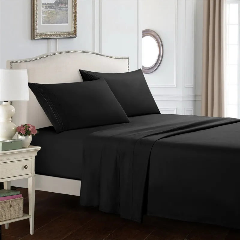 Embroidery Brushed 3/4 Pieces Bed Set Flat Sheet Fitted Sheet Pillowcase Bedding Set