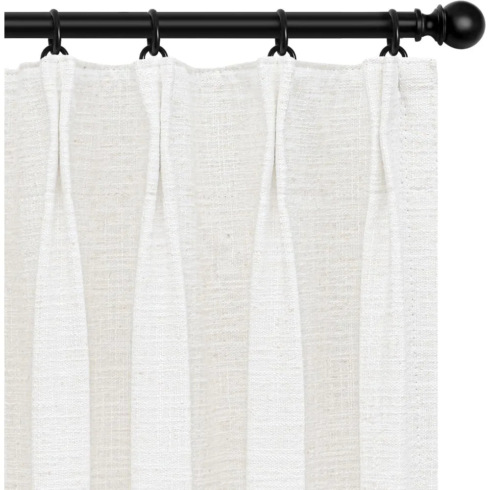 100% Blackout Pinch Pleated Linen Curtains, 96 Inch Length, Beige White (2 Panels)