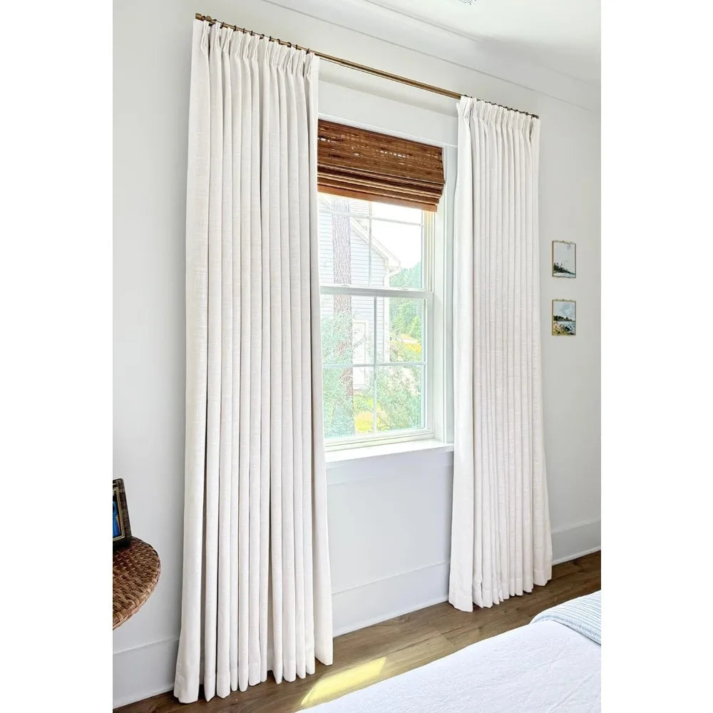 100% Blackout Pinch Pleated Linen Curtains, 96 Inch Length, Beige White (2 Panels)