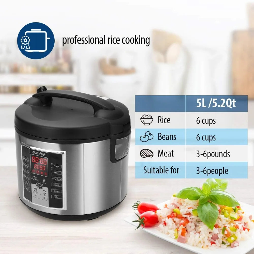 Electric Rice Cooker 5.2Qt with 12 Cooking Programs, 24-Hour Preset, and Instant Insulation