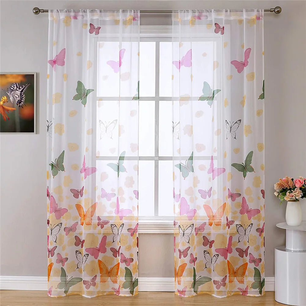 2 Panel Butterfly Pattern Gauze Curtains - Fresh Floral Semi-Sheer Rod Pocket Drapes (100x200cm)