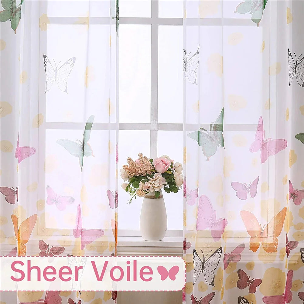 2 Panel Butterfly Pattern Gauze Curtains - Fresh Floral Semi-Sheer Rod Pocket Drapes (100x200cm)