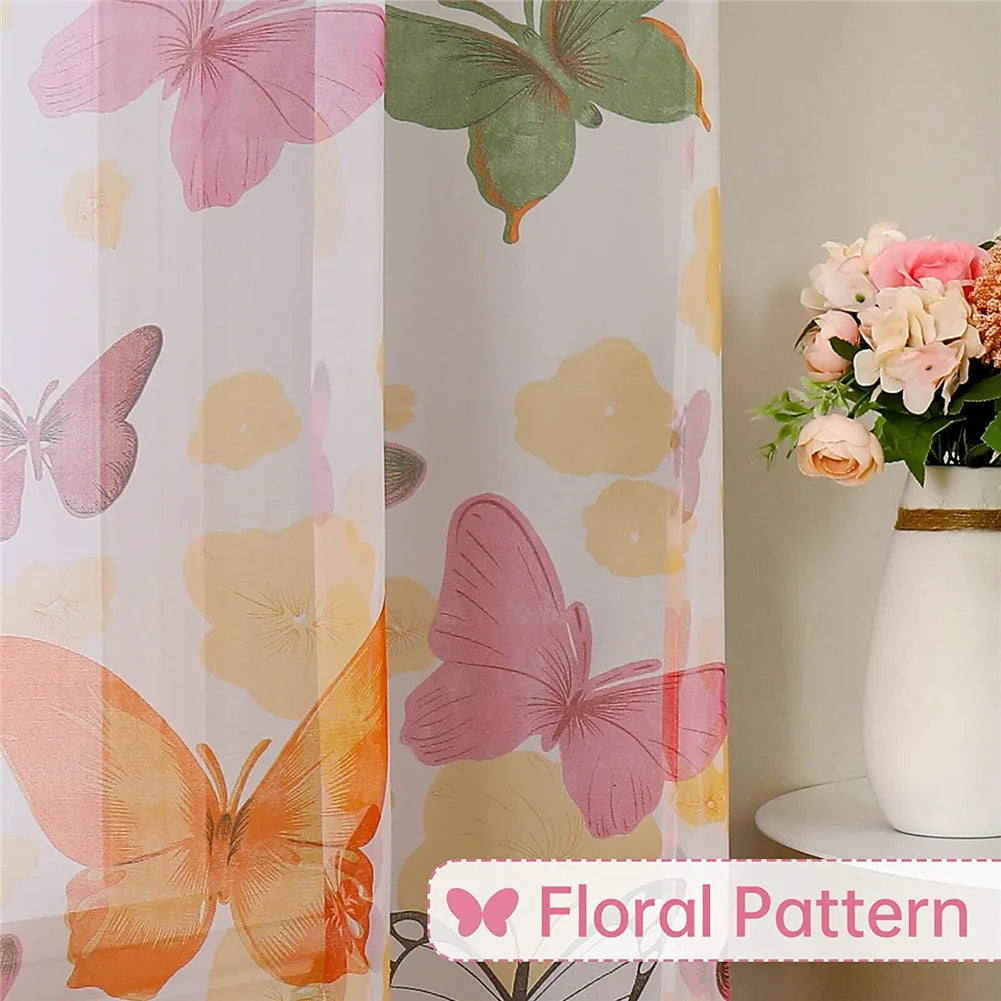 2 Panel Butterfly Pattern Gauze Curtains - Fresh Floral Semi-Sheer Rod Pocket Drapes (100x200cm)