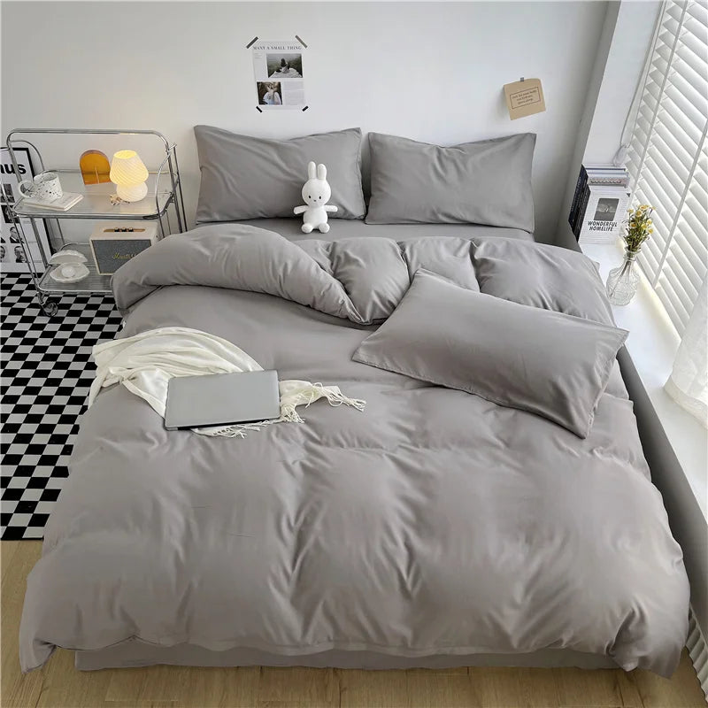 100% Washed Cotton Duvet Cover Queen King 3 Pieces Solid Color Bedding Set,