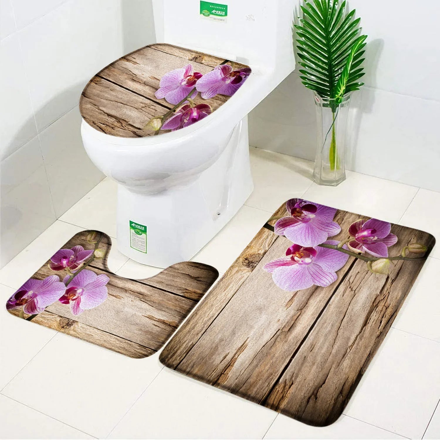 3-Piece Orchid Bath Mat Set – Elegant Purple & White Bathroom Accessories