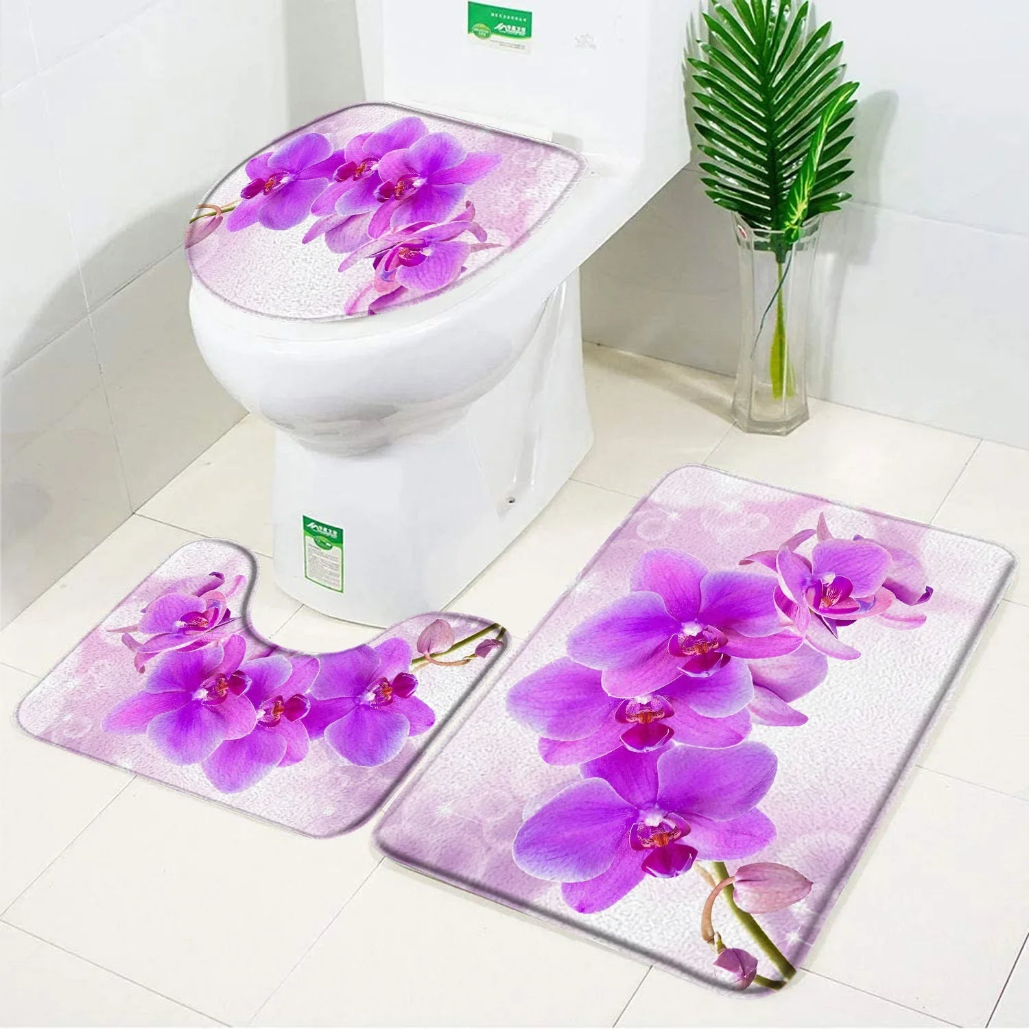 3-Piece Orchid Bath Mat Set – Elegant Purple & White Bathroom Accessories