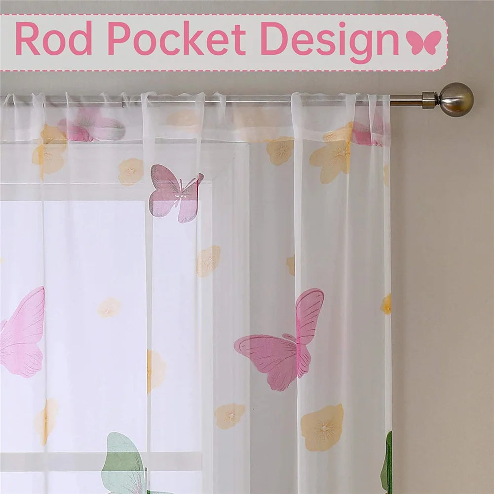 2 Panel Butterfly Pattern Gauze Curtains - Fresh Floral Semi-Sheer Rod Pocket Drapes (100x200cm)