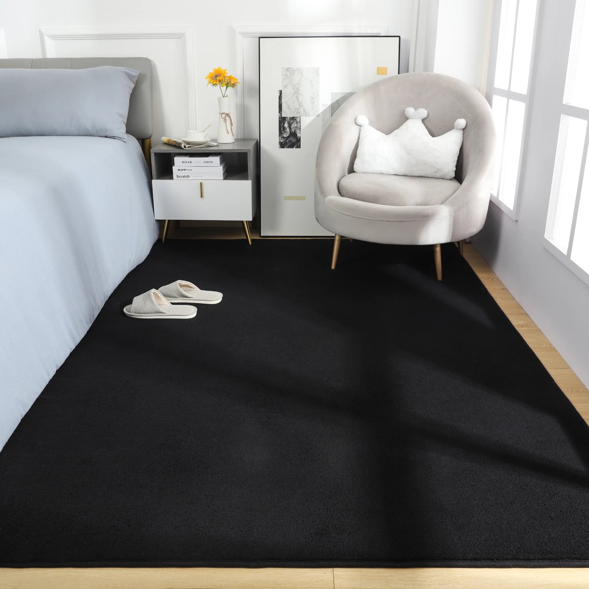 Black Rectangular Nonslip Rug for Living Room, Bedroom & Kids' Play Area