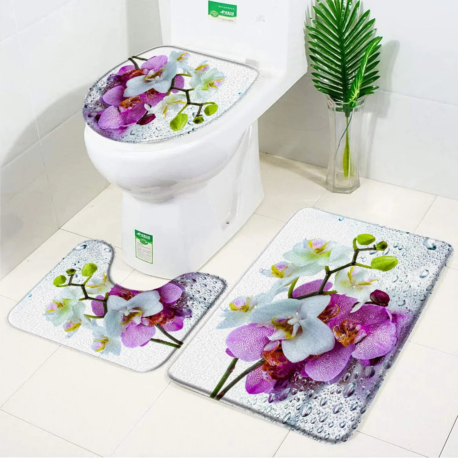 3-Piece Orchid Bath Mat Set – Elegant Purple & White Bathroom Accessories