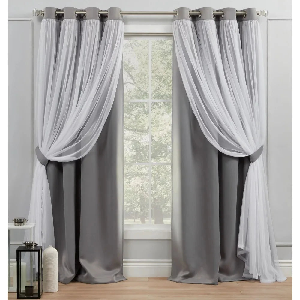 Blackout Curtains for Bedroom - Soft Grey Layered Room Darkening & Sheer Grommet Panel Pair