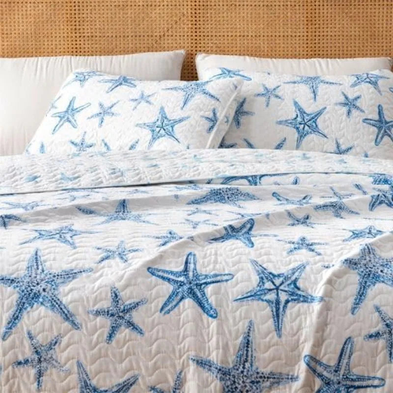 Summer Coastal Quilt Set - Full/Queen, Beach 2-Piece Reversible Bedspread with Sham