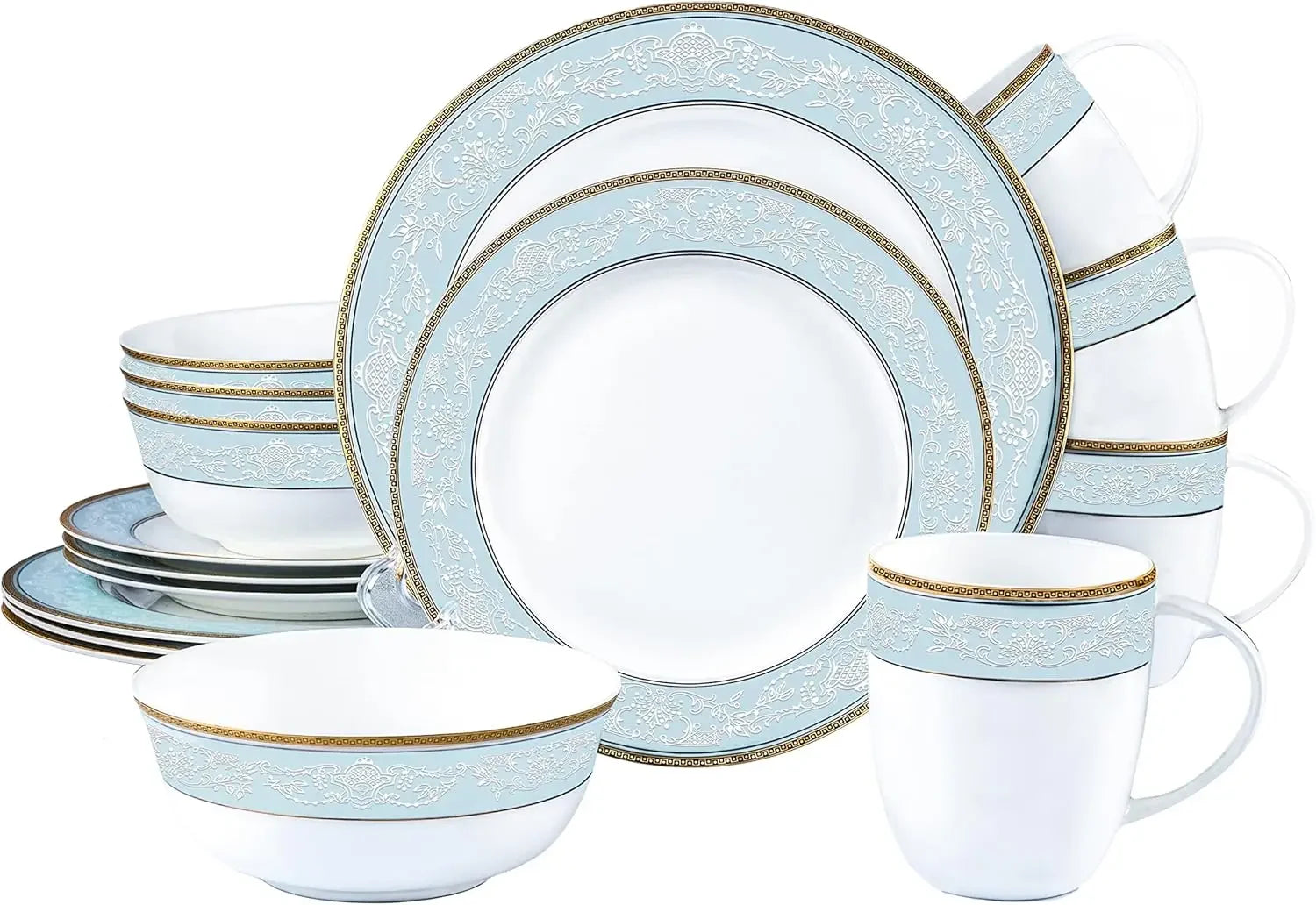 Fine Bone China Dinnerware Set 16Pcs for 4 People, Classic Relief Pattern with Gilt Edging