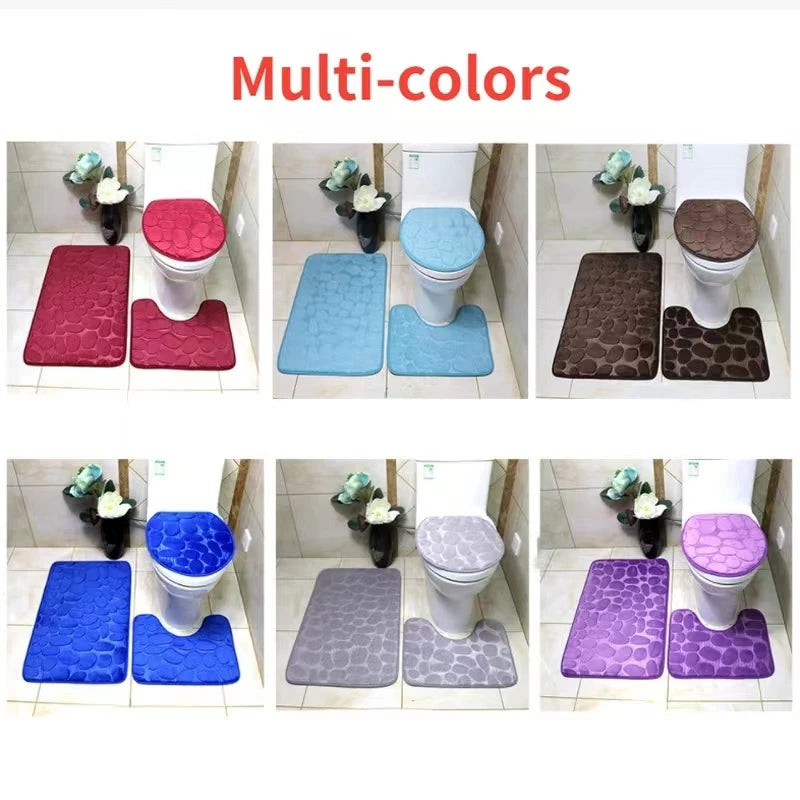 Set of 3 Bathroom Bath Mat Set Soft Non Slip 2PCS Cobblestone Mat Bathroom Rug Absorbent Shower Carpets Toilet Lid Cover Floor